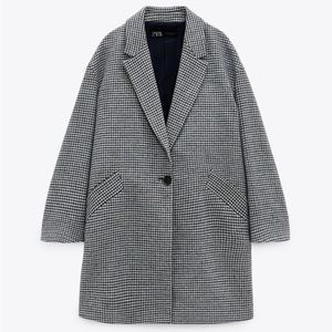 ZARA Houndstooth Wool Blend Blazer Coat Size Large Single Button Blue Gray